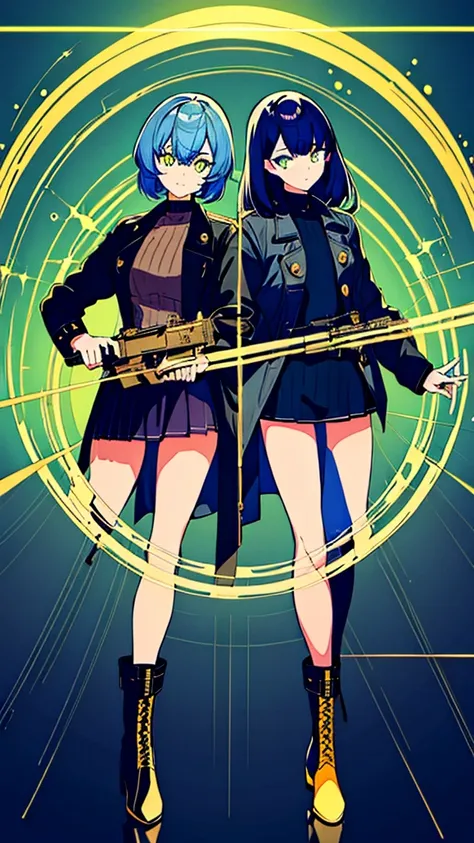 2girls, twins, short wavy navy blue hair, golden yellow glowing eyes, wearing black tube top, navy blue trench coat, navy blue long denim skirt, golden boots, sleeve tattoo, river, absurdres, high res, ultra sharp, 8k, masterpiece, looking at viewer, glowi...