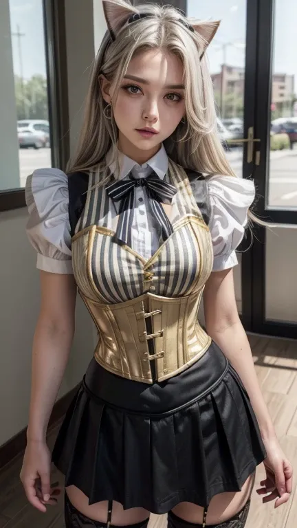 gals, hair grey, shorth hair, yellow  eyes, breasts small, cat hair ornament, side locks, hair grey, shiny hair, s uniform, (gold eyes: 1.2), (two long triangular extensions on the skirt, vest corset on the belly), white vest corset buttons, (striped shirt...