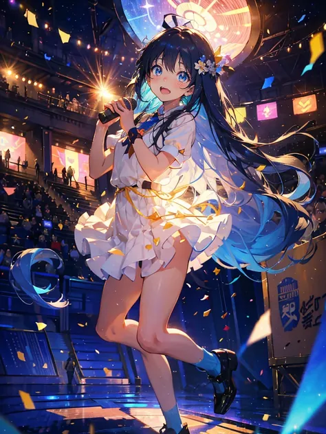 (muste piece), (best quality), very detailed, ((1 girl)), solo full body shot，Low - Angle，dynamic，jump，((happy face))，perfect face, beautiful face, very detailedな顔，(Light blue long hair_blue eyes:1.3)，brown long hair, idol costume，Solo Idol，Ribbon hair orn...