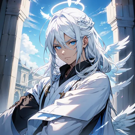 Male angel with blue eyes and white hair With halo and wings, anime style, Long hair