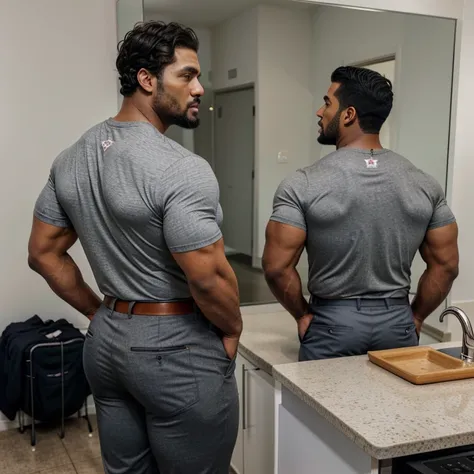 A Hispanic black man with a face that looks like Henry Cavill. black man, His body is muscular and he has a toothed beard..  Big Booty, in a moment of reflection. full body. Fajada shirt, semi formal clothing, grey pants, backside. 