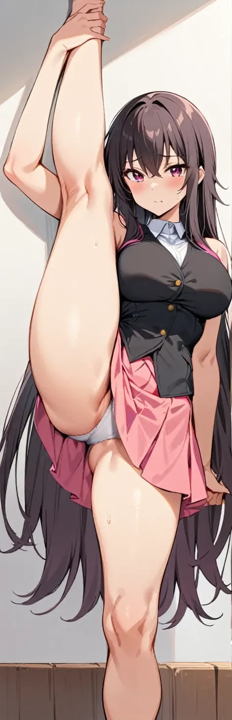 (masterpiece, Best quality:1.2), 1 girl, one,standing_split, 
Yuki Mikan, long hair，black sleeveless short vest，pink skirt，black, feet in focus, large breasts