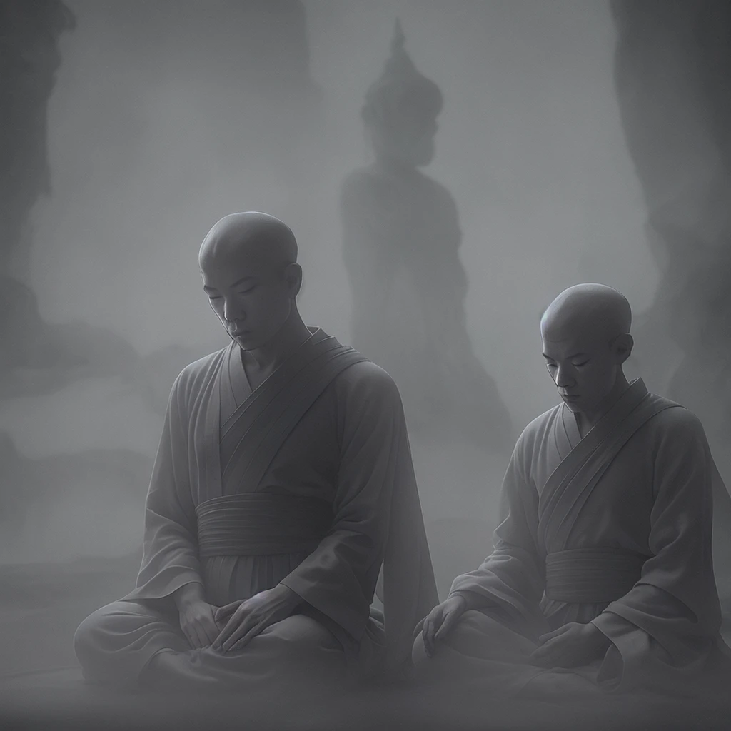 man Monk in robe prays in lotus pose, by Fang Congyi, fantasy art, (dark atmosphere:1.5), cinematic, intricate, dof