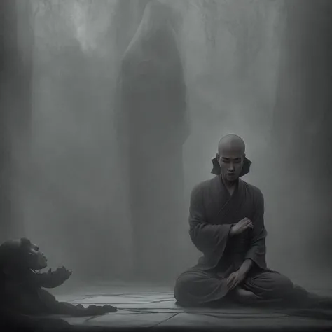 man Monk in robe prays in lotus pose, by Fang Congyi, fantasy art, (dark atmosphere:1.5), cinematic, intricate, dof