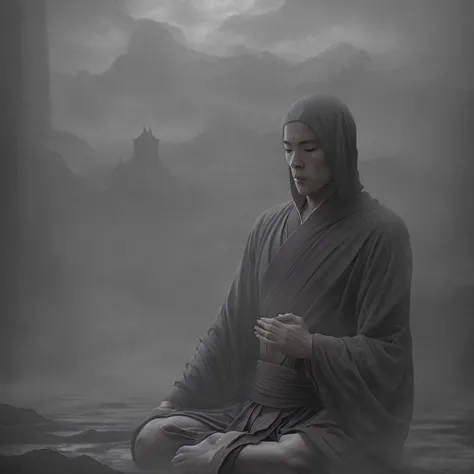 man Monk in robe prays in lotus pose, by Fang Congyi, fantasy art, (dark atmosphere:1.5), cinematic, intricate, dof