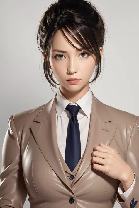 a female detective wearing a suit with her upper body tied up with rope