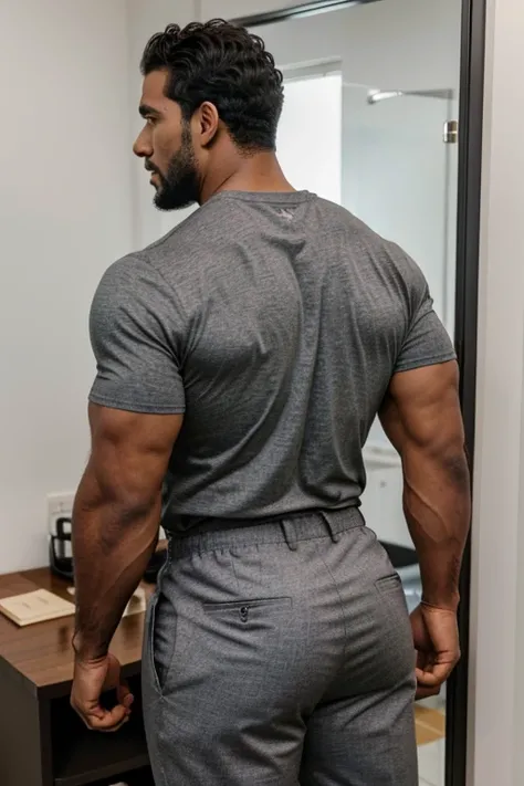 A Hispanic black man with a face that looks like Henry Cavill. black man, His body is muscular and he has a toothed beard..  Big Booty, in a moment of reflection. full body. Fajada shirt, semi formal clothing, grey pants, backside. 