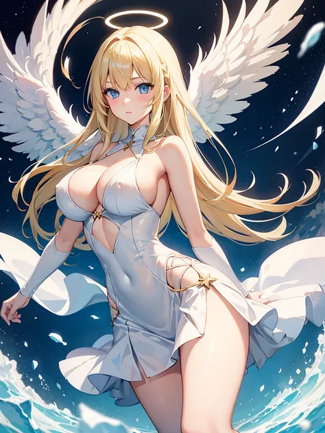 angel, アニメ, Girl, blondes, Bust Big, white dress transparent blue eyes, halo, sexly, breasts big 