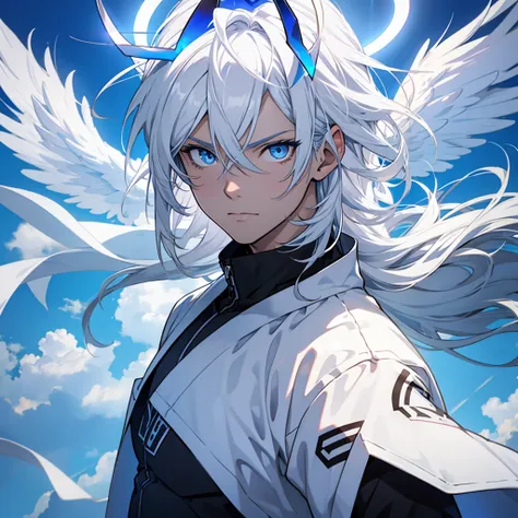 Male angel with blue eyes and white hair With halo and wings, anime style, mid hair