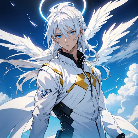 Male angel with blue eyes and white hair With halo and wings, anime style, mid hair