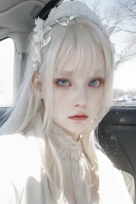 blonde girl with white hair and a white dress in a car, young pale ghost, pale porcelain white skin, pale white face, white hime cut hairstyle, whitebangs, pale gothic beauty, haunted sad expression, pale, snow-white skin, haunted and tired expression, ani...