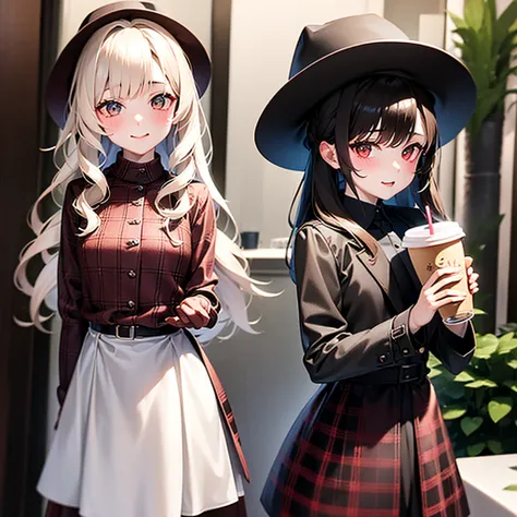 1 girl, ventails de outono, bangss, black hat, nblurry background, blush, eyes browns, chestnut hair, brown tissue, brown overskirt, trench coat, café, cowboy shot, Cup, disposable Cup, beverage, ventails que caem, bonnet, containment, containment beverage...