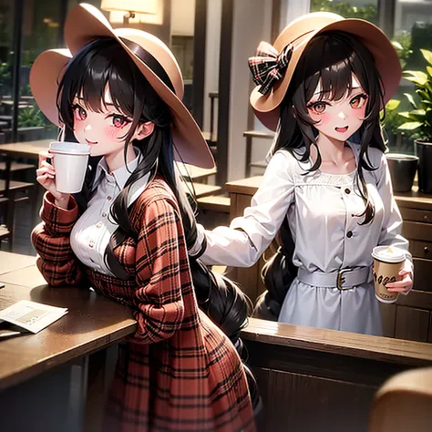 1 girl, ventails de outono, bangss, black hat, nblurry background, blush, eyes browns, chestnut hair, brown tissue, brown overskirt, trench coat, café, cowboy shot, Cup, disposable Cup, beverage, ventails que caem, bonnet, containment, containment beverage...