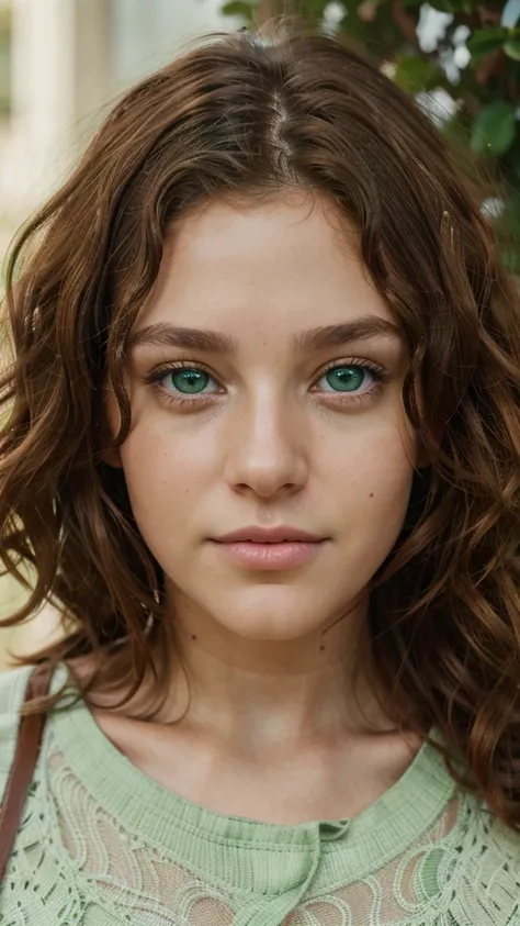 8k, close up photo-realistic portrait of beautiful 19 year mixed American girl, ((brown curly hair , light green eyes,  )) add atleast 1 unique face feature