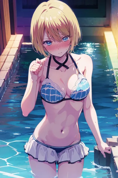 エロいBikini、Random pose、Adult bikini、Wet、Blonde、Pale blue eyes、short hair、、bath、Blushing、Embarrassed、Bikini、