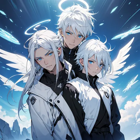 Male angel with blue eyes and white hair With halo and wings, anime style, mid hair, Black clothes