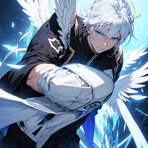 Male angel with blue eyes and white hair With halo and wings, anime style, mid hair, Black clothes