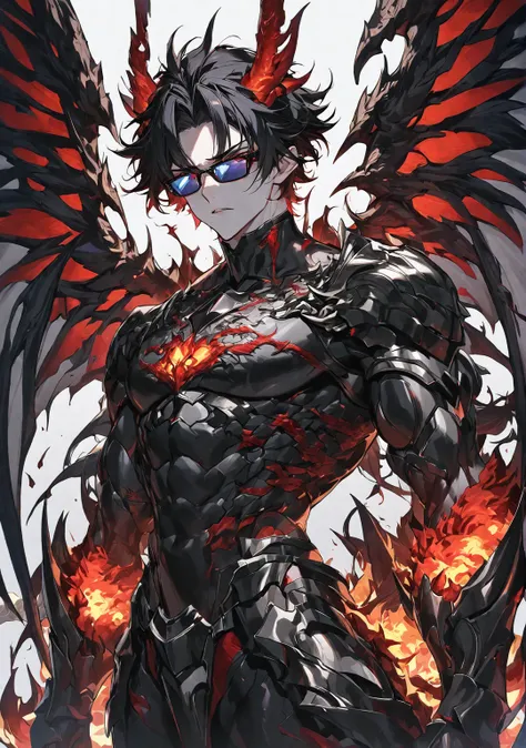 Best quality, One, beautiful, 1 man, with a sporty body, V-shaped body, wide shoulders, black detailed armor with glowing bloody details, 6 Seraphim-like Wings created from pure Darkness, sharp ears, Black hair covered with Dragon Fire Coals, Completely Wh...