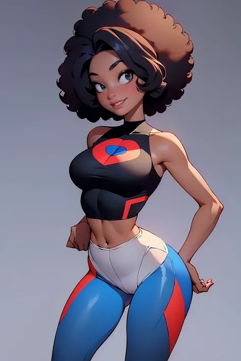 Corpo inteiro de uma bela mulher afro-americana, com um sorriso malicioso, afro haircut, 1 girl, solo, (black leggins) (crop top), little bust, wide hips