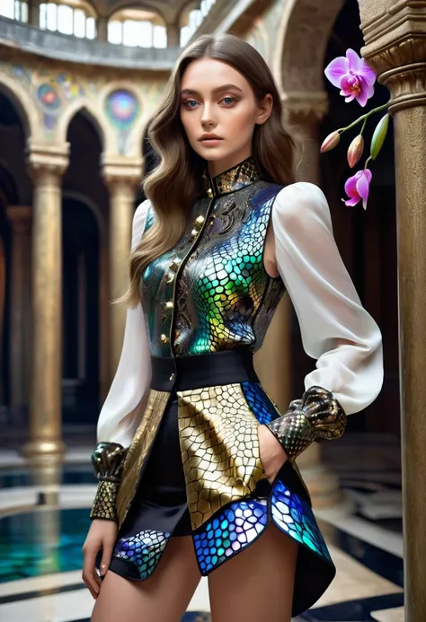 Strategy game style (Ultrarealistic:1.3) a beautiful young russian woman with long flowing brown hair with golden highlights, avant garde fashion model, venetian aristocratic yet modern and futurist aesthetic, aristocrat, intricate outfit, bright multi-col...