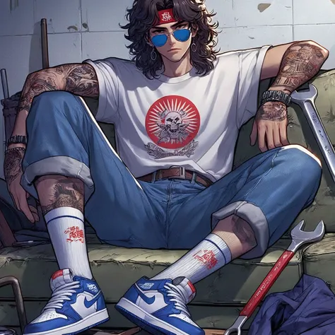 arafed man sitting on a couch with a wrench and a pair of shoes, handsome guy in demon slayer art, 8 0 s anime vibe, 8 0 s anime...