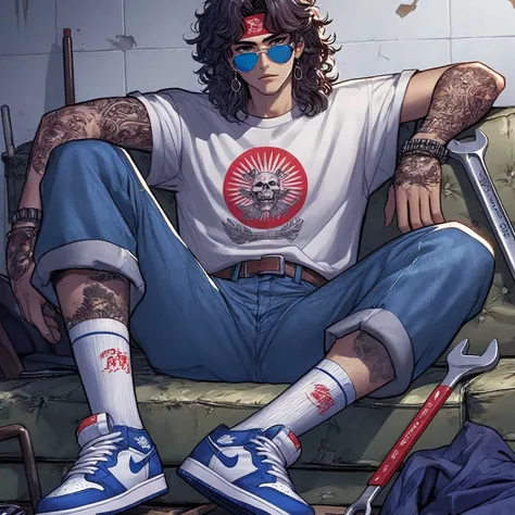 arafed man sitting on a couch with a wrench and a pair of shoes, handsome guy in demon slayer art, 8 0 s anime vibe, 8 0 s anime...