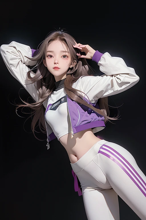 beautiful girl, 20 years old, Brown long hair, Space Helmet, Purple sports jacket, White movement, Black yoga pants, Forged , cleveage, Put your hands behind your head, Running posture, From the angle from below, Outer space background, Full body photograp...