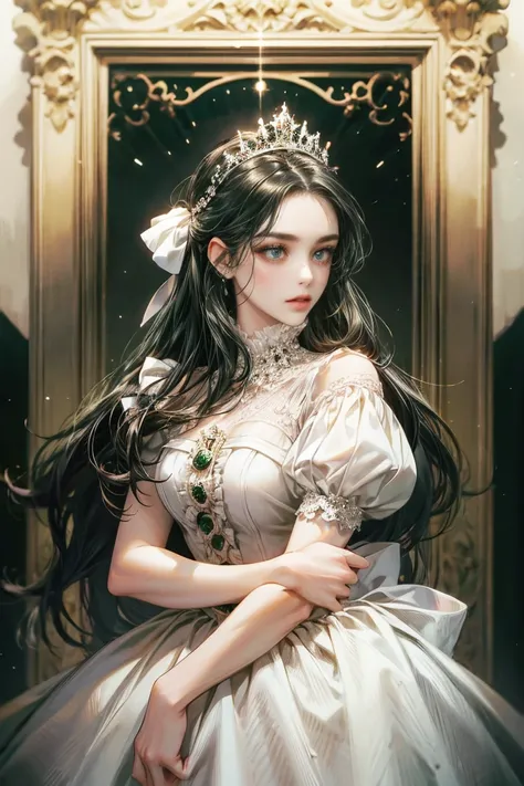 Woman with long black hair, alone, looking at the viewer, green eyes, white dress with ruffles, Princess