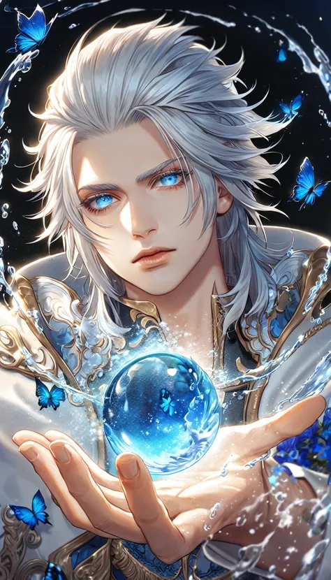 absurdres, highres, ultra detailed, HDR, master piece, best quality, extremely detailed, Ravus Nox Fleuret, white hair, expressive blue eyes, Final Fantasy XV, solo, man, handsome, white coat, fantasy, magic, sparkling, water, blue moon, blue flowers, blue...