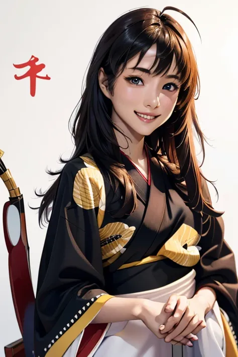 Highest quality　High resolution　Simple　Shrine maiden服　Long bangs　Adult female　Shrine maiden　Loose expression　cute　smile　Scarlet Hakama　Beautiful Eyes　One Woman　Long side hair　Very black hair　Shiny long hair　Straight hair　Ahoge　Wide sleeves　Long hem　cute目　W...