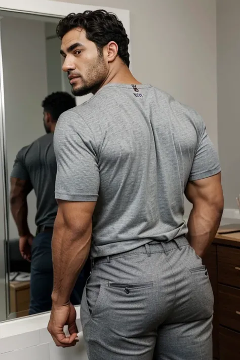 A Hispanic black man with a face that looks like Henry Cavill. black man, His body is muscular and he has a toothed beard..  Big Booty, in a moment of reflection. full body. Fajada shirt, semi formal clothing, grey pants, backside. 