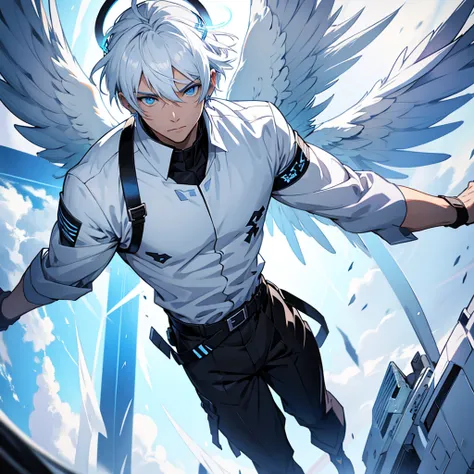 Male angel with blue eyes and white hair With halo and wings, anime style, Black clothes