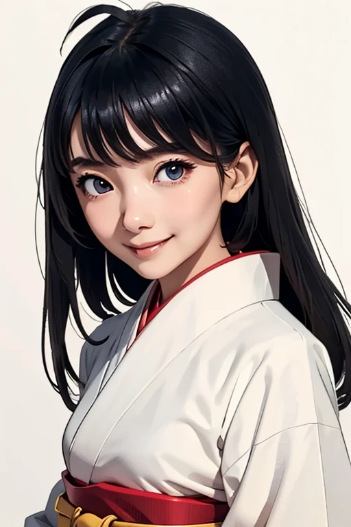 Highest quality　High resolution　Simple　Shrine maiden服　Long bangs　Adult female　Shrine maiden　Loose expression　cute　smile　Scarlet Hakama　Beautiful Eyes　One Woman　Long side hair　Very black hair　Shiny long hair　Straight hair　Ahoge　Wide sleeves　Long hem　cute目　W...