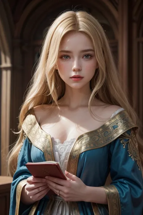 Face:
Perfect face 
Style:
3d model, A young Caucasian woman with long,
Hair:
 flowing blonde hair dressed in a detailed blue and gold medieval-style gown
Place:
She stands with a serious, contemplative expression while holding a blue book or object, figur...