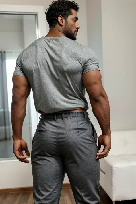 A Hispanic black man with a face that looks like Henry Cavill. black man, His body is muscular and he has a toothed beard..  Big Booty, in a moment of reflection. full body. Fajada shirt, semi formal clothing, grey pants, backside. 