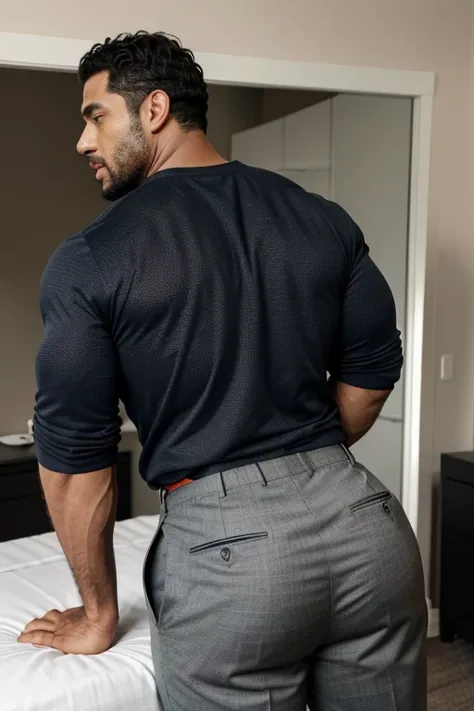 A Hispanic black man with a face that looks like Henry Cavill. black man, His body is muscular and he has a toothed beard..  Big Booty, in a moment of reflection. full body. Fajada shirt, semi formal clothing, grey pants, backside. 