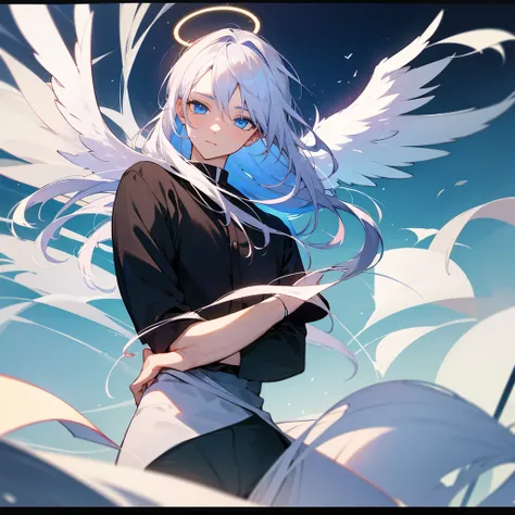 Male angel with blue eyes and white hair With halo and wings, anime style, Black clothes