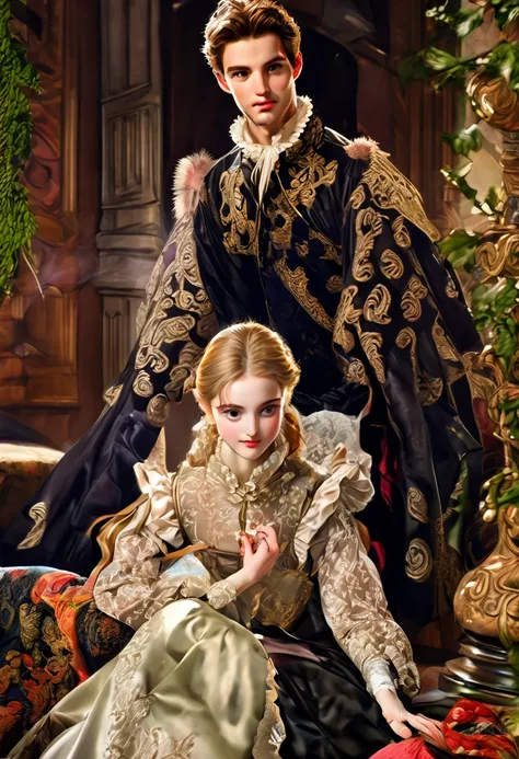 Masterpieces visually(8K)(High Resolution, Ultra Detailed), Showing a very late 1500s Elizabethan Enbglish Handsome young upper middle class couple male and female in classic period Elizabethan fashions clothings attires dress animated kinda anime style