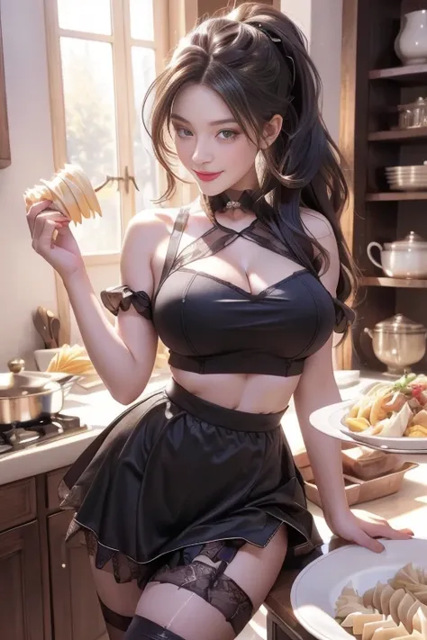 (dynamic angle:1.3, front view:1.1, breast focus:1.3, from above:1.1), (dynamic posing:1.2, sexy posing:1.2), (seductive smiling:1.3), ((holding Pasta on a plate,Taking the pasta out of the pan, worried about the outcome:1.2)),highest quality、(real、photore...