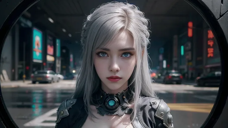 masterpiece,best quality,high resolution,8K,(Portraits:1.5),(R Original Photo),The real situation,Digital Photography,(A fusion of cyberpunk and fantasy),(Policewoman),，Feel free to hairstyle,White hair，Purple Eyes，By Bangs,(red eye breasts, Accessories,sh...