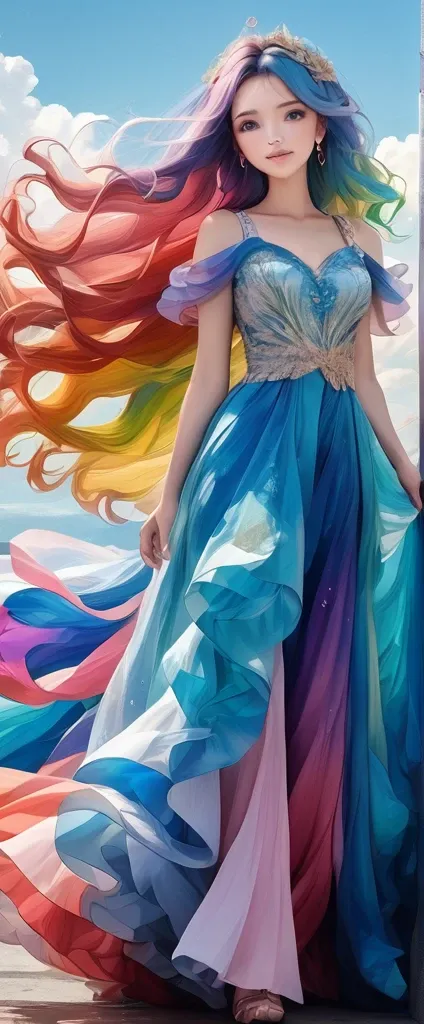 A stunning portrait of a 17-year-old girl with rainbow-coloured hair, a mix of blue and pink, under a brilliant sky on a sunny summer day、A breathtaking view unfolds。Half blue and half pink、A girl with colorful, flowing hair、Standing with a captivating smi...