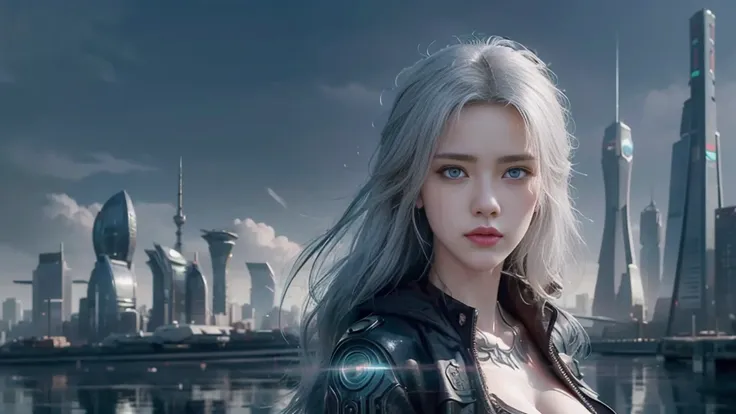 masterpiece,best quality,high resolution,8K,(Portraits:1.5),(R Original Photo),The real situation,Digital Photography,(A fusion of cyberpunk and fantasy),(Policewoman),，Feel free to hairstyle,White hair，Purple Eyes，By Bangs,(red eye breasts, Accessories,sh...