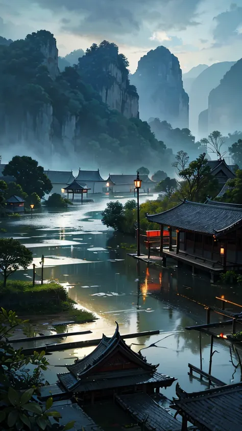 Close-up of a mobile phone with a picture of a river, flooded fishing village, Graveyard Raider Settings, . background: forest river, old asian village, flooded city, Thiti Luatthong, Thai art, flooded, The scene is very detailed., explanations, Monsoon on...