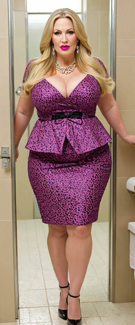 Fat woman, 40 years old white Caucasian woman, big hips, trick thighs, busty cleavage, fancy dressed, dress, necklace, earrings, public bathroom, full body picture, long straight blonde hair, elegant hair, make-up, pink lipstick, chubby, bbw, beautiful wom...