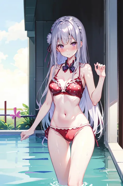 Red bikini、Sexy bikini、Random pose、Polka dot bikini、Red polka dot bikini、Light silver hair、Semi-long hair、Random pose、School swimming pool、Blushing、Embarrassed expression、、Pale purple eyes、、Blushing、lipstick、Perfect hands、Detailed hands、