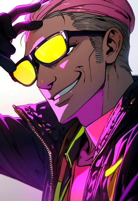 game character, yellow and pink, male, holding sunglasses, smirk, neon