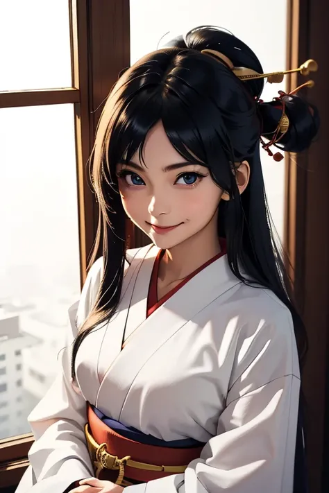 Highest quality　High resolution　Simple　Shrine maiden服　Long bangs　Adult female　Shrine maiden　Loose expression　cute　smile　Scarlet Hakama　Beautiful Eyes　One Woman　Long side hair　Very black hair　Shiny long hair　Straight hair　Ahoge　Wide sleeves　Long hem　cute目　W...