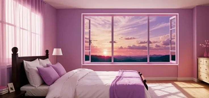 Lofi vibe, bedroom, window, animated, purple pink sky, sun, wallpaper