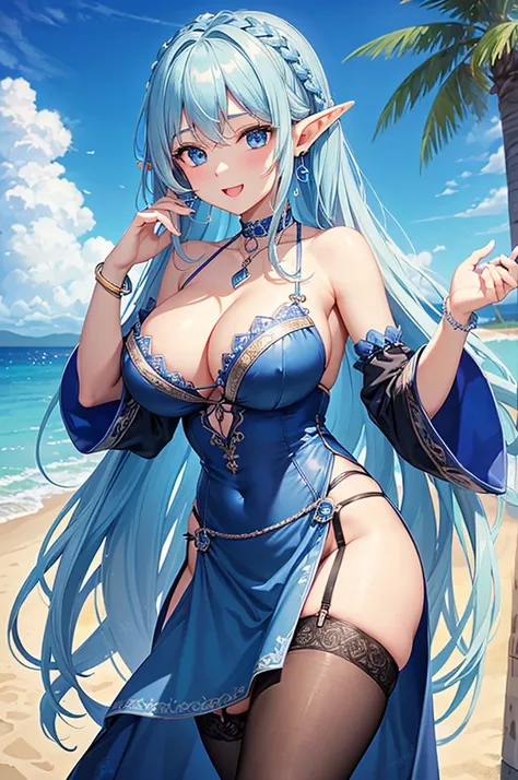 Highest quality、Highest quality、masterpiece、(8K resolution),beauty(Age 25)、(Mature Appearance)、Light blue long hair(Braiding of the sides)、blue eyes、(Detailed embroidered garter belt)、(Elf)、Big cleavage、((Big Breasts))、smile、blue necklace、Blue Earrings、bac...