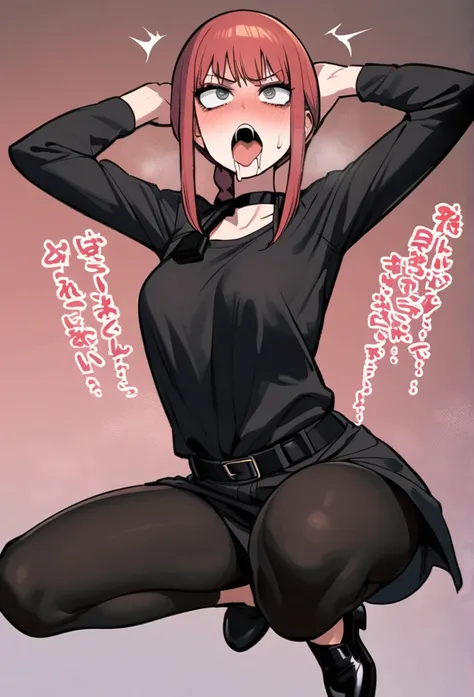 Young Makima from Chainsawman, With a rude look,wearing a sexy black turtleneck,black skinny leggings, High Black Shoes, black belt on the waist,black choker around the neck, Poses passionately rolling her eyes and sticking out her tongue,Drooling